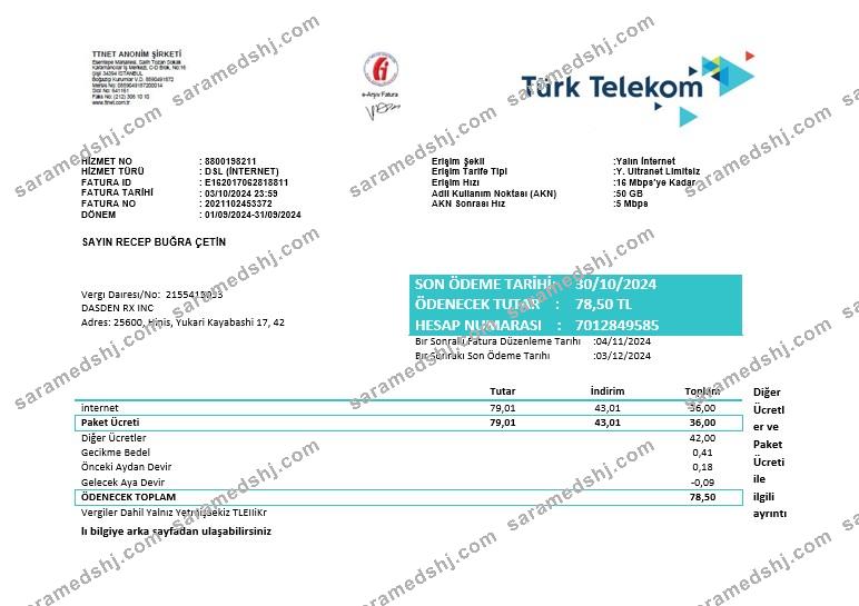 Turkey Turktelekom business utility bill template in Word and PDF formats, fully editable